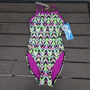 TYR The Finals Rave  Non Foil Stripe Multicolo Women's  1 Piece Swim Size 34 New